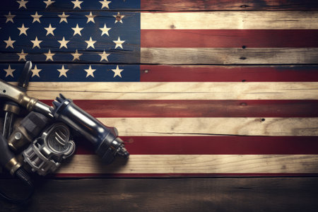 American flag with binoculars and binoculars on wooden background, Mechanic tools and the USA flag on a wooden background, copy space, AI Generatedの素材