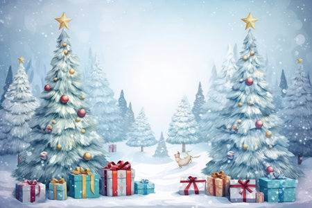 Christmas background with christmas tree and gift boxes. 3D illustration, Merry Christmas and Happy Holidays greeting card, frame, banner, AI Generatedの素材