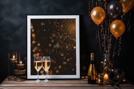 Photo frame mockup with two glasses of champagne, burning candles and balloons on black background, Mock-up poster in an interior background with red balloons, AI Generatedの素材
