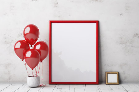 Red square frame mockup in modern interior with red balloons. 3d illustration, Mock-up poster in an interior background with red balloons, AI Generatedの素材
