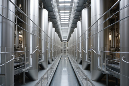 Chemical factory interior with rows of stainless steel tanks, industrial background, Modern granary elevator, Silver silos on an agro-processing and manufacturing plant, AI Generatedの素材
