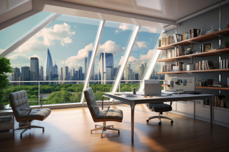 Modern office interior with panoramic window and city view. 3D Rendering, Modern home office interior with furniture, computer, and city view, presented in 3D rendering, AI Generatedの素材