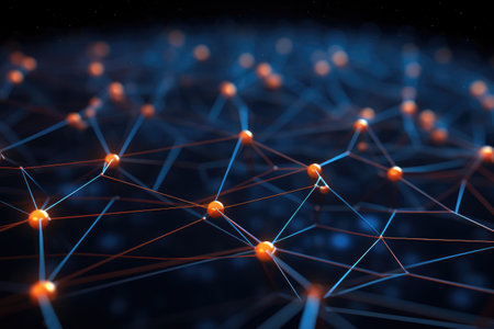 Abstract 3D rendering of network connection structure. Futuristic background with connecting dots and lines, Modern digital abstract 3D background suitable for describing network, AI Generatedの素材