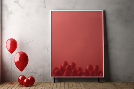 Red balloons and blank frame on concrete wall. Valentines day concept. 3D Rendering, Mock-up poster in an interior background with red balloons, AI Generatedの素材