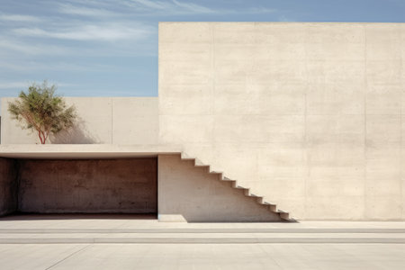 3d rendering of a concrete staircase leading up to the blue sky, Modern architecture featuring an empty concrete wall, AI Generatedの素材