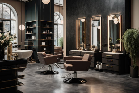 Modern barbershop interior with furniture and mirror. 3d rendering, Modern and elegant interior design of a professional beauty salon and spa with a luxury styling chair, AI Generatedの素材
