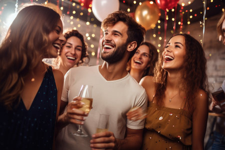 Group of friends having fun at a party, drinking champagne and having fun, Mock-up poster with party decoration, AI Generatedの素材