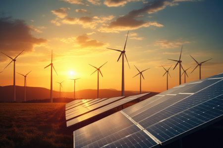 Solar panels and wind turbines at sunset. Alternative energy source. 3D rendering, Modern wind turbines and solar panels in the sunset light, Concept eco green renewable energy, AI Generatedの素材