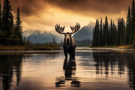 Moose in Jasper National Park, Alberta, Canada, at sunset, Moose standing in Montana mountain lake at dusk, AI Generatedの素材