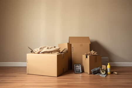 Moving boxes with things in room. Concept of moving house or relocation, Moving house, relocation, The key was inserted into the door of the new house, AI Generatedの素材