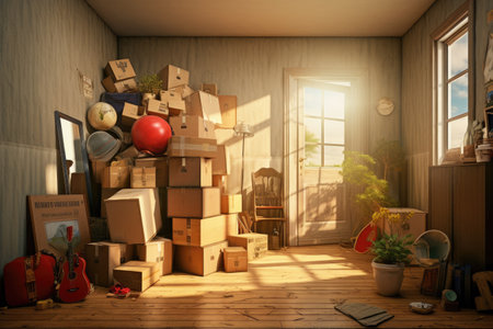 Moving boxes in the room. 3d illustration. Vintage style, Moving house, relocation, The key was inserted into the door of the new house, AI Generatedの素材