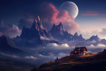 Fantasy landscape with mountain and house at night. 3D rendering, Mountains in fog with a beautiful house and church at night in autumn, Landscape with high rocks, a blue sky, AI Generatedの素材