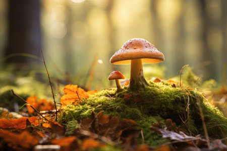 Mushroom in the forest with autumn leaves and bokeh, Mushroom in autumn HD 8K wallpaper stock photographic image, AI Generatedの素材