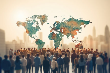 Global Business World Cartography Globalization International Concept. Crowd of people in front of world map, Multicultural people forming a world map in a crowd, AI Generatedの素材