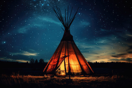Tribal indian teepee at night with starry sky, Native American Indian teepee at night with a starry sky, AI Generatedの素材