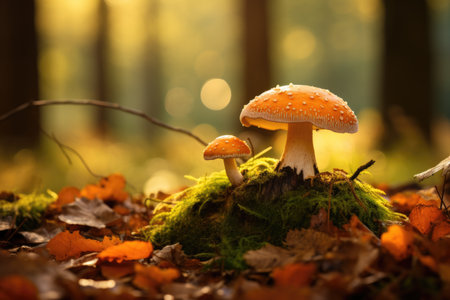 Mushroom on moss in autumn forest. Beautiful nature scene, Mushroom in autumn HD 8K wallpaper stock photographic image, AI Generatedの素材