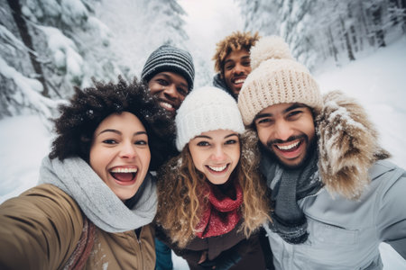 Portrait of happy multiethnic friends in winter clothes looking at camera, Multiracial young happy group of friends having fun together on winter holidays, AI Generatedの素材