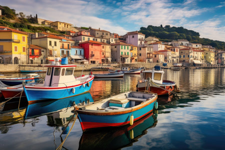 Colorful fishing boats in Rovinj, Istria, Croatia, Mystic landscape of the harbor with colorful houses and boats in Porto Venero, Italy, AI Generatedの素材