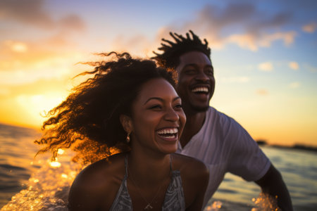 Portrait of a happy young african american couple embracing on the beach at sunset, A black couple enjoying travel and beach fun, laughing during a sunset nature adventure and summer, AI Generatedの素材