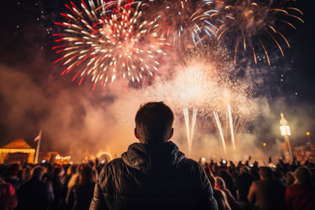 Crowd watching fireworks in the night sky. New Year's Eve, New Years Eve fireworks crowd rear view celebratin, AI Generatedの素材