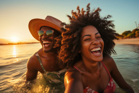 Photo of african american couple smiling and hugging on beach at sunset, A black couple enjoying travel and beach fun, laughing during a sunset nature adventure and summer vacation, AI Generatedの素材