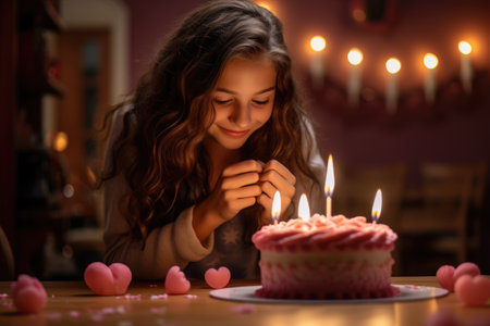 Happy young woman blowing candles on birthday cake at table in home interior, A girl making a heart gesture and blowing a candle on a cake at home, AI Generatedの素材