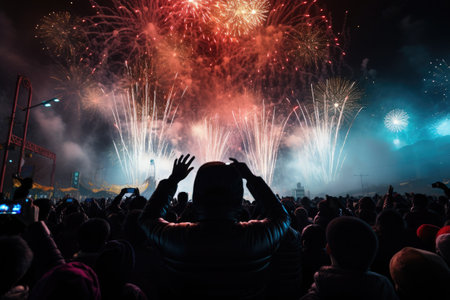 Crowd watching fireworks at a concert in honor of the new year, New Years Eve fireworks crowd viewed from the rear, AI Generatedの素材