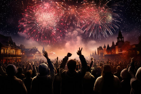 Crowd of people and fireworks in front of Notre Dame de Paris, New Years Eve fireworks crowd viewed from the rear, AI Generatedの素材