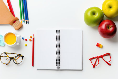 Top view of modern white office desk table with blank notepad, supplies and coffee cup. Mock up, Office and school supplies on a white background, AI Generatedの素材