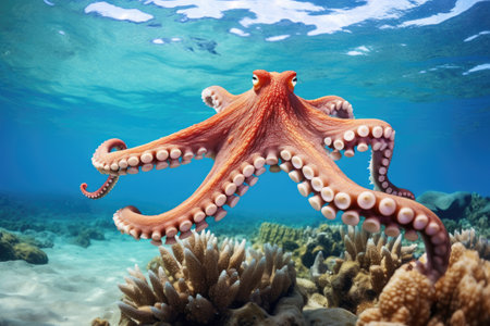 Octopus on the coral reef of the Red Sea. Egypt, Octopus gracefully swimming on the sandy bottom of a tropical coral reef, AI Generatedの素材