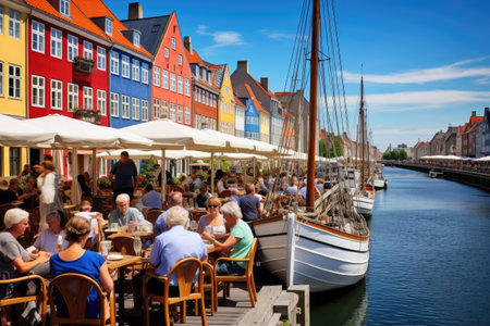 Tourists visit Nyhavn in Copenhagen, Denmark. Nyhavn is a popular tourist attraction in Copenhagen, Nyhavn, Copenhagen, Denmark, AI Generatedの素材