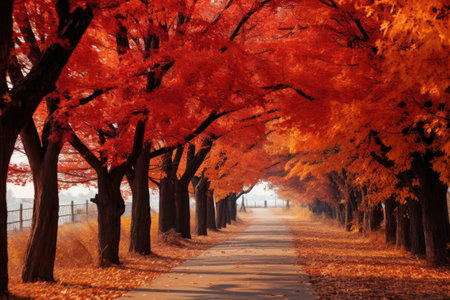 Beautiful autumn landscape with road and colorful trees in the park, Nice pathway in autumn colors, AI Generatedの素材
