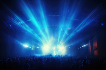 Concert crowd in front of a bright stage with blue lights and smoke, Night club under blue rays beam and young people holding light, enjoying at concert concept, AI Generatedの素材
