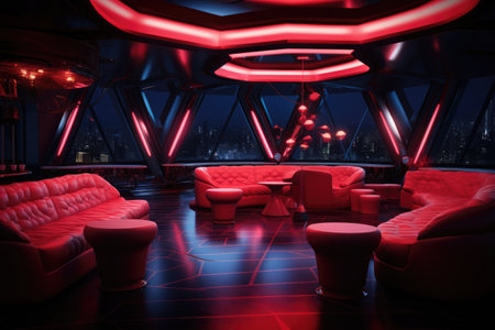 Interior of a night club with red sofas and red lights, Night club interior, AI Generatedの素材