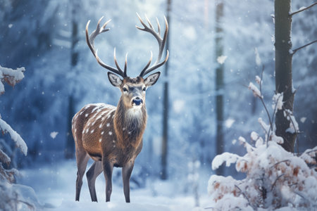 Beautiful deer in the winter forest. Wild animals in winter forest, Noble deer male in a winter snow forest, Artistic winter Christmas landscape, AI Generatedの素材