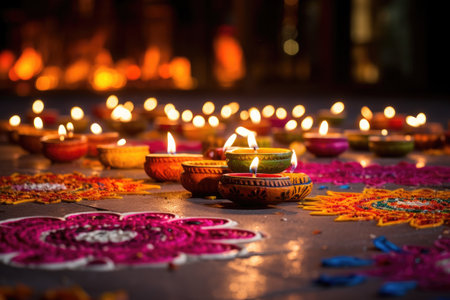 Colorful diya lamps lit during Diwali celebration in India, Oil lamps lit on colorful rangoli during Diwali celebration, AI Generatedの素材