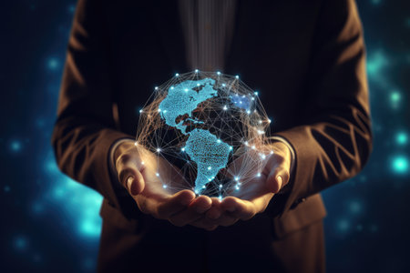Close up of businessman holding world map in palm. 3D rendering, close-up of a businessman's hands touching a global network concept, 3D rendering, AI Generatedの素材