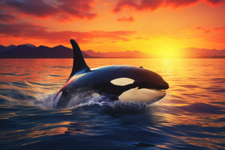 Beautiful killer whale in the ocean at sunset. 3d rendering, Orca Killerwhale traveling on ocean water with the sunset, AI Generatedの素材