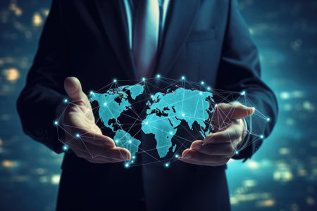 Concept view of a Businessman holding a world globe with a network connection, close-up of a businessman's hands touching a global network concept, 3D rendering, AI Generatedの素材