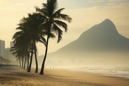 Tropical beach with palm trees at sunrise, Rio de Janeiro, Brazil, Palms and Two Brothers Mountain on Ipanema beach, Rio de Janeiro, AI Generatedの素材