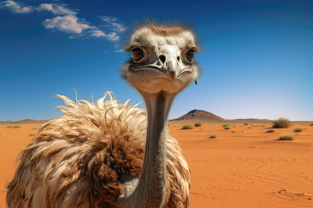 Ostrich in the Sahara desert, Morocco, Africa. Ostrich portrait, Ostrich in the desert HD 8K wallpaper stock photographic image, AI Generatedの素材