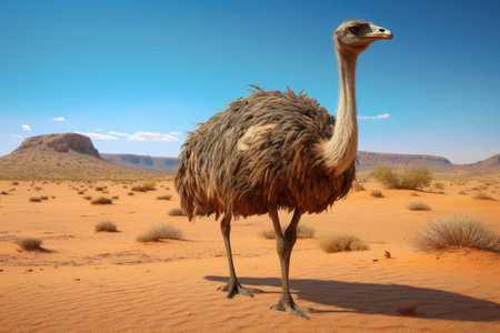 Ostrich in the desert of the Namib Desert, Namibia, Ostrich in the desert HD 8K wallpaper stock photographic image, AI Generatedの素材