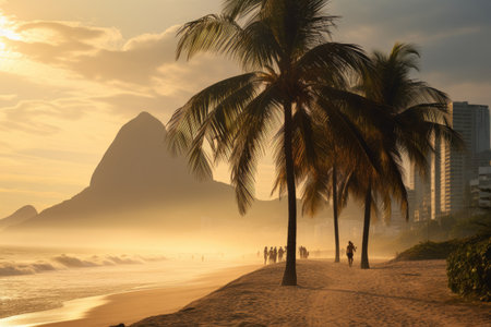 Tropical beach with palm trees at sunrise, Rio de Janeiro, Brazil, Palms and Two Brothers Mountain on Ipanema beach, Rio de Janeiro, AI Generatedの素材