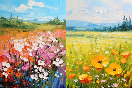 Original oil painting of poppies on canvas. Two version, Paintings of flowers in the style of Monet, Claude, impressionism paint landscapes with flower meadows in oil, AI Generatedの素材
