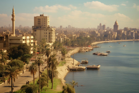 Panoramic view of the city of Dubai, United Arab Emirates, Panorama of Cairo, the seafront of the Nile River, AI Generatedの素材