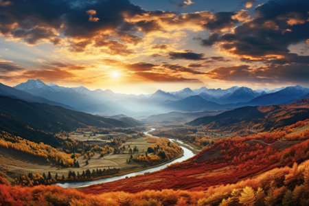 Colorful autumn landscape in the Carpathian mountains. Ukraine, Europe, Panoramic mountain autumn landscape, AI Generatedの素材