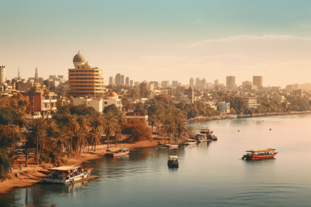 View of the city from the river, Panorama of Cairo, the seafront of the Nile River, AI Generatedの素材