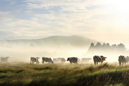 Herd of cows grazing in a misty meadow at sunrise, Panorama of grazing cows in a meadow with grass covered with dewdrops and morning fog, AI Generatedの素材