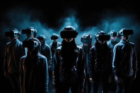 Group of young people wearing virtual reality goggles. Future technology concept, People wearing VR headsets and standing, with a hologram effect covering their full face, AI Generatedの素材