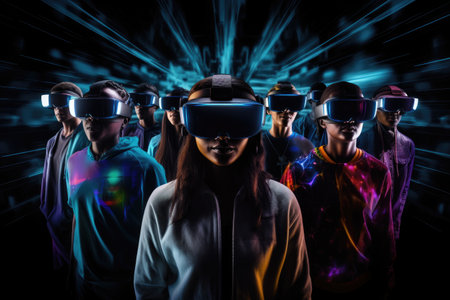 Group of people with virtual reality glasses on a black background. 3d rendering, People wearing VR headsets and standing, with a hologram effect covering their full face, AI Generatedの素材